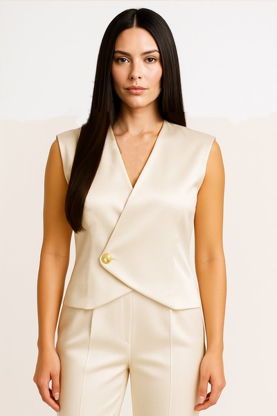 NSMLİFE Women's Satin Gold Buttoned Ecru Vest