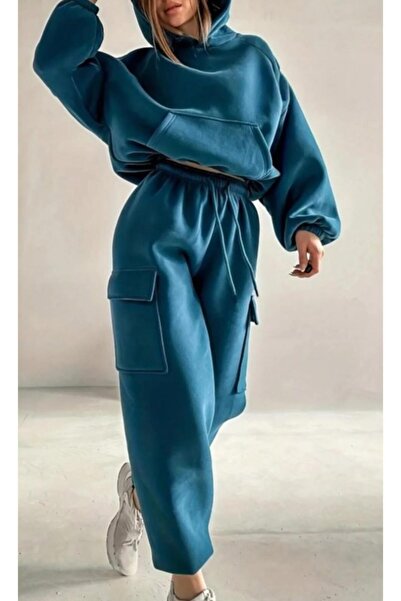 Altamira Women's Petrol Blue Kangaroo Pocket Oversized Pants Set