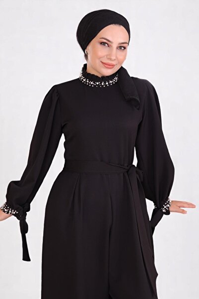Modamihram Jumpsuit Dress with Pearl Detail Black Msw19152-1