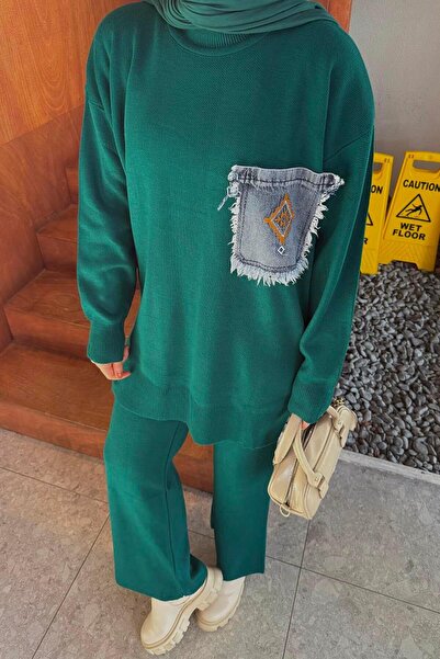 lamelif Pocket Detailed Knitwear Set Emerald Green