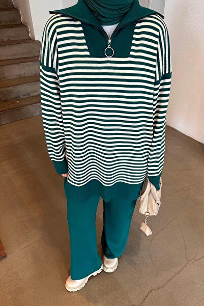 lamelif Set de tricotaje cu guler în dungi verde smarald