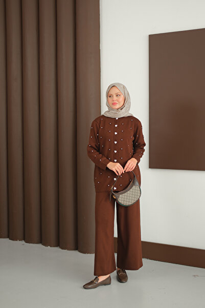 LOCCO Women's Heart Button Detail Knitwear Set Brown