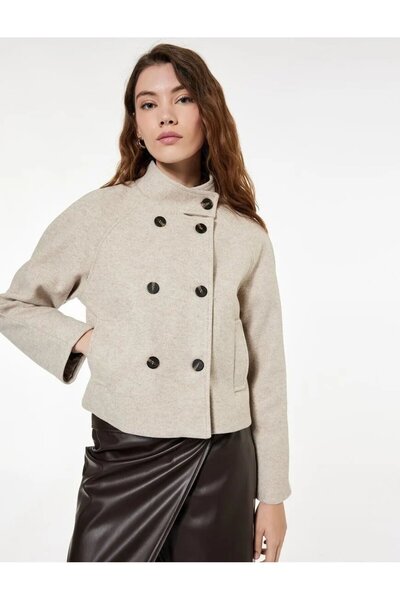 Koton Palton scurt din catifea cu mâneci lungi, buzunare, guler înalt, nastur...