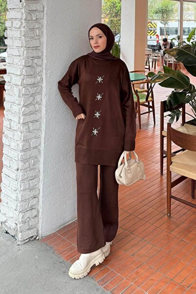 lamelif Pearl Embroidered Hijab Set Bitter Brown