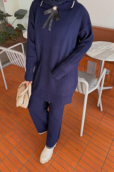 lamelif Ribbon Detailed Knitwear Set Navy Blue