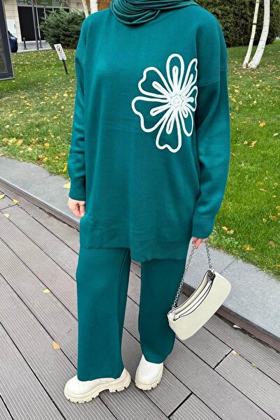 lamelif Floral Detailed Knitwear Set Emerald Green