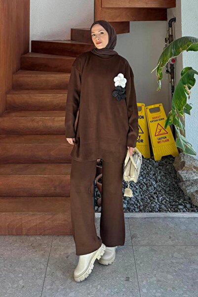 lamelif Комплект от плетени дрехи с флорални аксесоари в цвят горчив кафяв