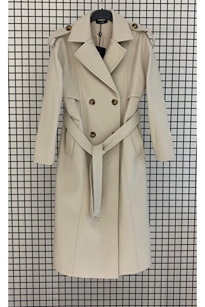 Armine Trend Buttoned Belted Shoulder Epaulettes Lined Thick Coat