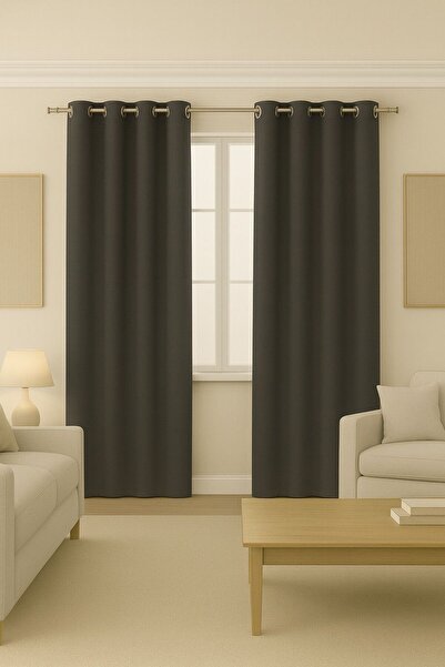 proevteks Rustik Fon Perde Kuşgözlü,Dekoringli Dikim - Antrasit Blackout Kara...