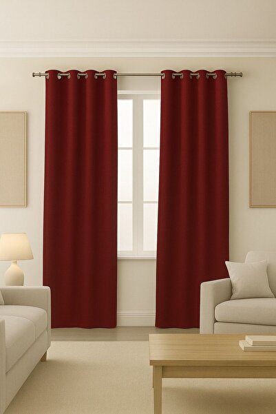 proevteks Rustik Fon Perde Kuşgözlü,Dekoringli Dikim - Bordo Blackout Karartm...