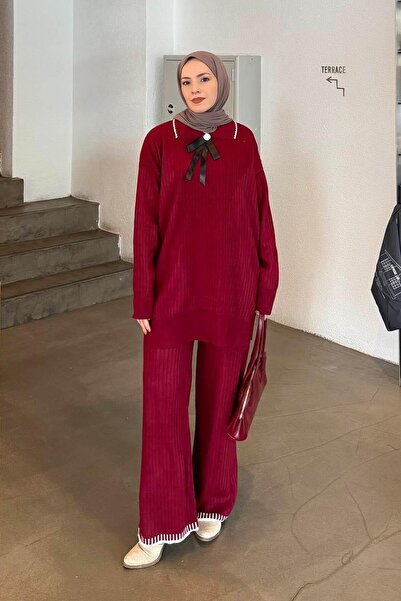 lamelif Κορδέλα Λεπτομερές Πλεκτό Σετ Βουργουνδίας