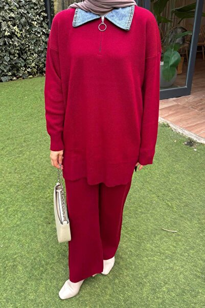 lamelif Paneled Collar Knitwear Set Claret Red