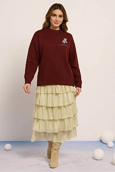 Fashion Friends Pulover de damă cu decolteu rotund brodat roșu claret 25K0313K1