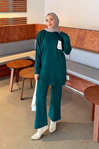 lamelif Lace Pocket Detailed Knitwear Set Emerald Green