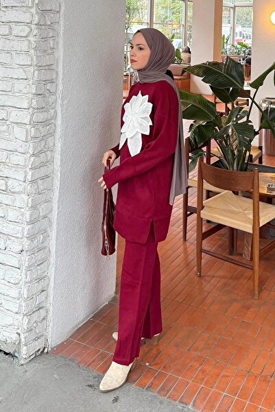 lamelif Knitwear Set with Floral Accessories Burgundy