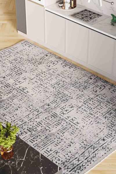 Oriente Home İskandinav Desenli Gri Şönil Makine Halısı Kaymaz Taban Yıkanabilir Mutfak Halısı 7760