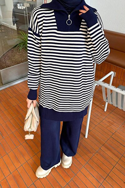 lamelif Striped Turtleneck Knitwear Set Navy Blue