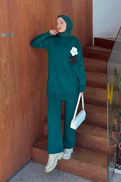 lamelif Set de tricotaje cu accesorii florale verde smarald