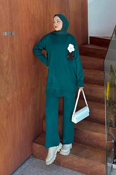 lamelif Set de tricotaje cu accesorii florale verde smarald