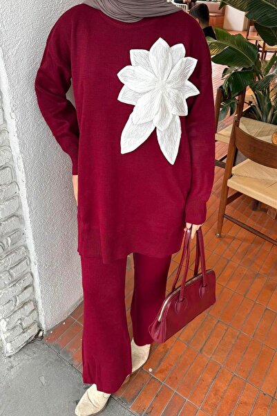 lamelif Knitwear Set with Floral Accessories Burgundy