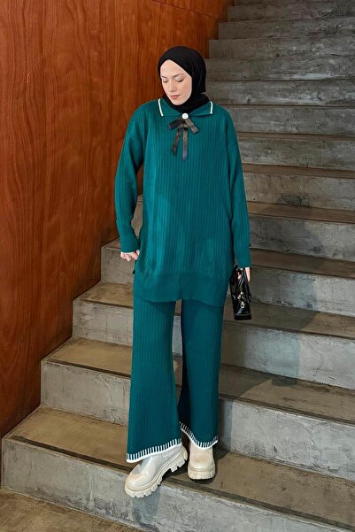 lamelif Ribbon Detailed Knitwear Set Emerald Green
