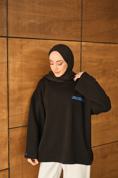 LOCCO Women's Text Printed Sweat Black