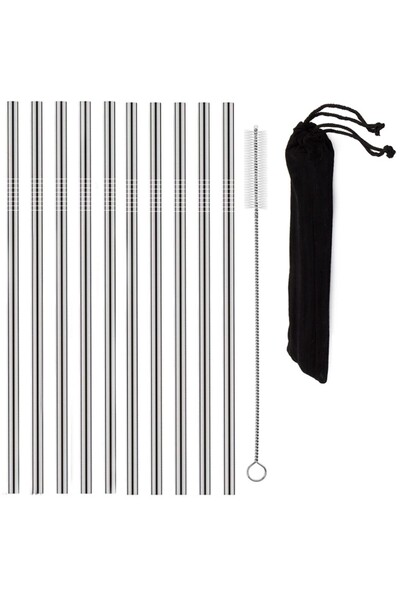 zola Set of 10 metal straws, reusable, straight, storage bag, 21.7x0.7 cm, si...