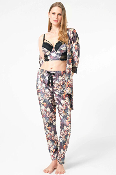 Markano Mdb Mdbshop Velvet Floral Patterned Dressing Gown Underwire Supported Padded Collar Detailed Lace Bustier Suit
