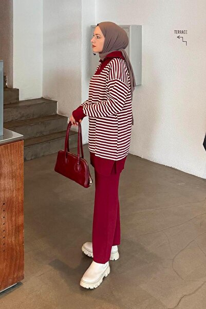 lamelif Striped Turtleneck Knitwear Set Burgundy
