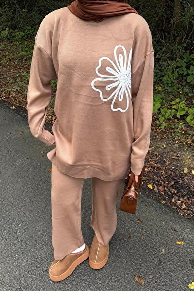 lamelif Floral Detailed Knitwear Set Camel