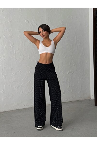 ADAMODA.RO Elastic flared jeans accessorized with rhinestones