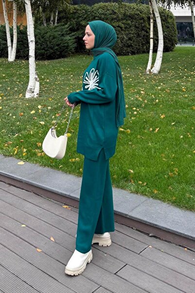 lamelif Floral Detailed Knitwear Set Emerald Green