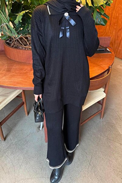 lamelif Κορδέλα Λεπτομερές Πλεκτό Σετ Μαύρο