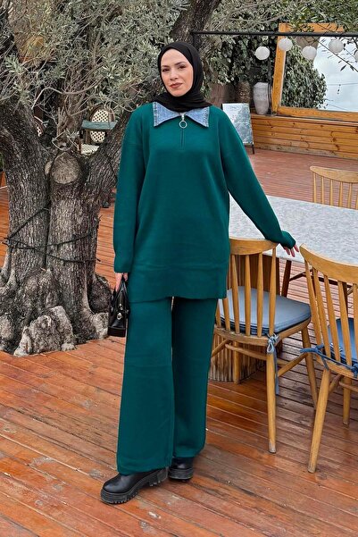 lamelif Paneled Collar Knitwear Set Emerald Green