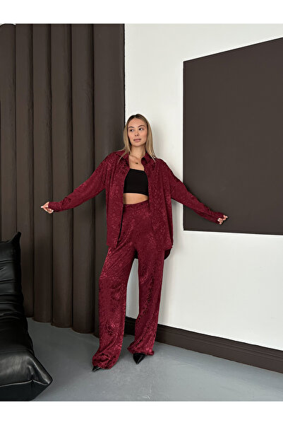 MODAMERSİ Women's Burgundy Leopard Pattern Oversized Shirt Wide Leg Pants Set