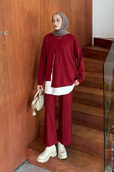 lamelif Paneled Sets of Burgundy with Zipper