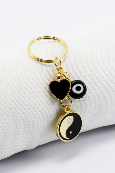 biuti سلسلة مفاتيح صغيرة على شكل قلب يين يانغ مزينة بخرز العين الشريرة من الز...
