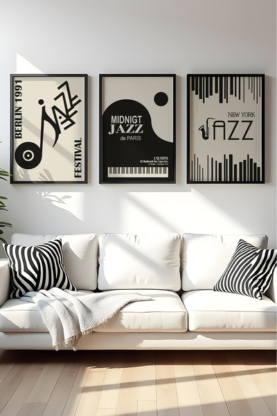 huhuli Ahşap Siyah Çerçeveli 3'lü "Vintage Jazz Nights" Tablo Seti Huhu566