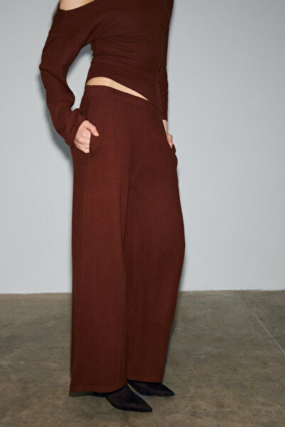 GRIMELANGE Velan Women's Soft and Flexible Fabric Wide-Leg Dark Brown Sweatpants