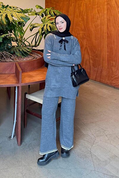 lamelif Ribbon Detailed Knitwear Set Gray