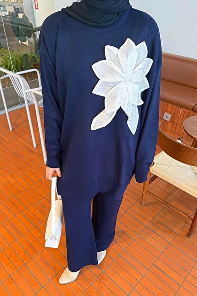 lamelif Knitwear Set with Floral Accessories Navy Blue