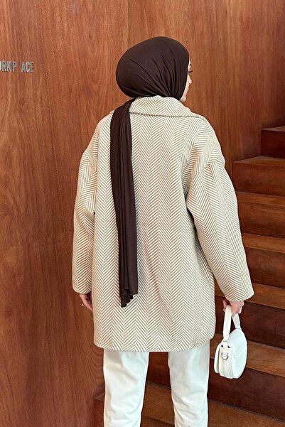 lamelif Zigzag Pattern Herringbone Coat Stone