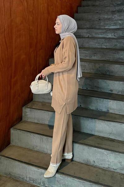 lamelif Ribbon Detailed Knitwear Set Camel