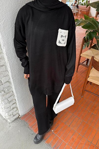 lamelif Σετ πλεκτό με λεπτομέρεια δαντέλας σε μαύρο χρώμα