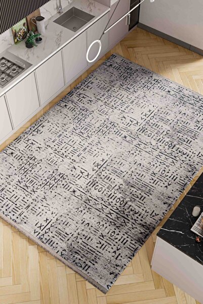 Oriente Home İskandinav Desenli Gri Şönil Makine Halısı Kaymaz Taban Yıkanabilir Mutfak Halısı 7760