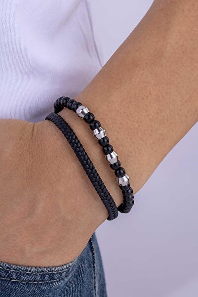Gümüş Pazarım Onyx Hematite Stone Braided Leather Men's Leather Bracelet