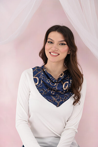 Trend Land Esarfa patrata satinata bleumarin cu print abstract bej