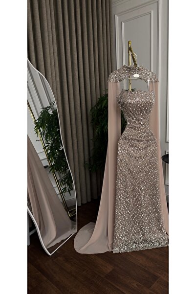 Diva style Evening dress with beaded embroidery, Barbie lining, and flared chiffon
