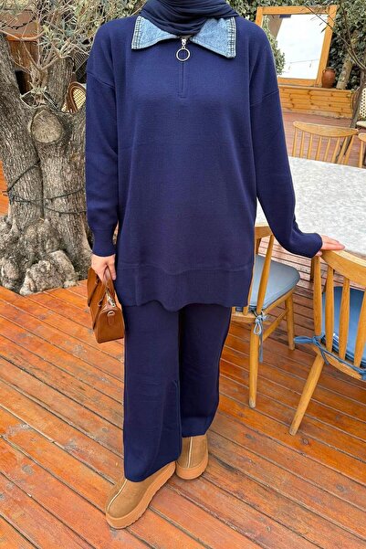 lamelif Paneled Collar Knitwear Set Navy Blue