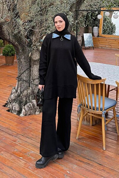 lamelif συνδυασμός υφασμάτων Σετ πλεκτό με γιακά μαύρο